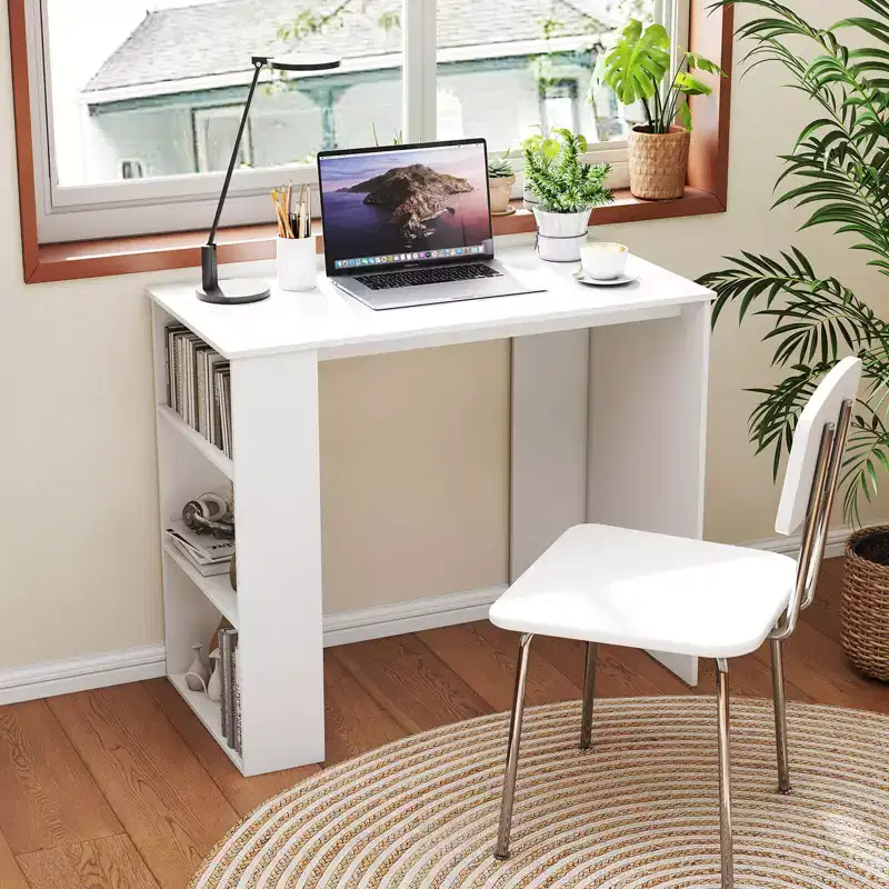 Costway 35.5 Compact PC Laptop Desk Modern Style Office Study Desk with Side Storage Shelf White/Black/Gray/Brown