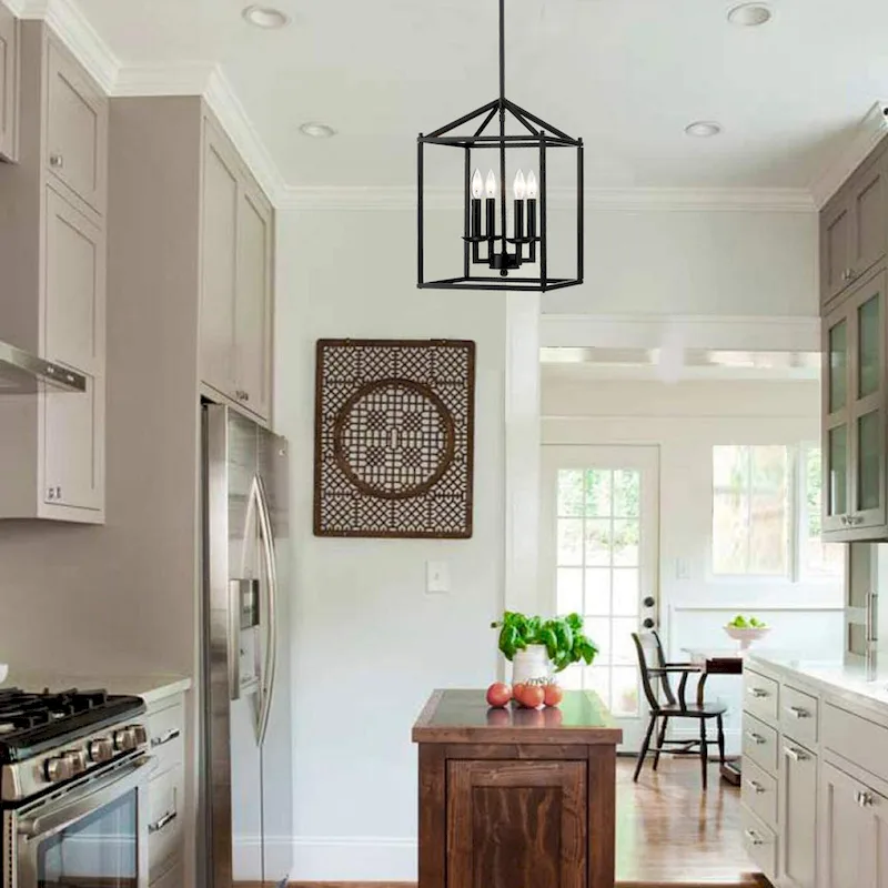 4-light pendant with black finish and steel cage shade