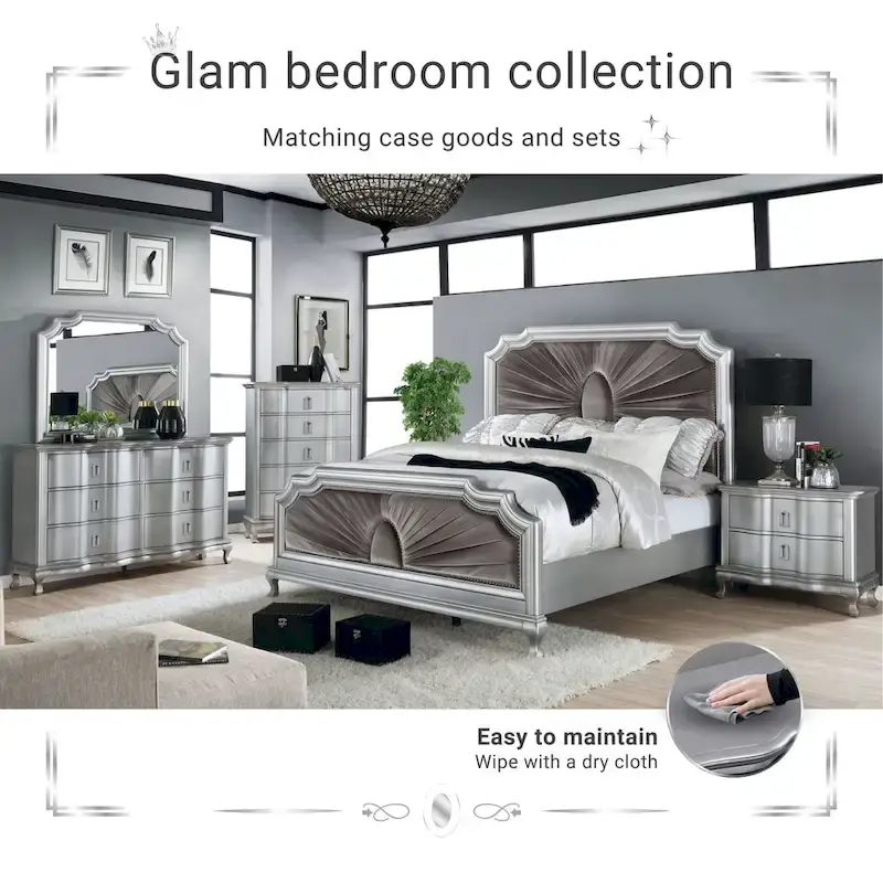 Furniture of America Maza Glam Silver Solid Wood Panel Bed