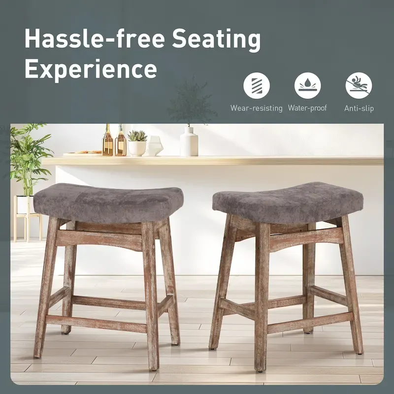 24 Inch Solid Wood Barstools with Linen / PU Leather Fabric Cushion, Set of 2