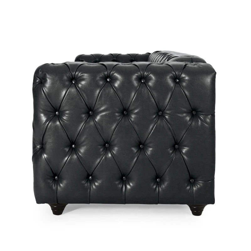Arlo Sofa, Chesterfield Tufted Black Faux Leather Upholstery, Wood, 84 Inch