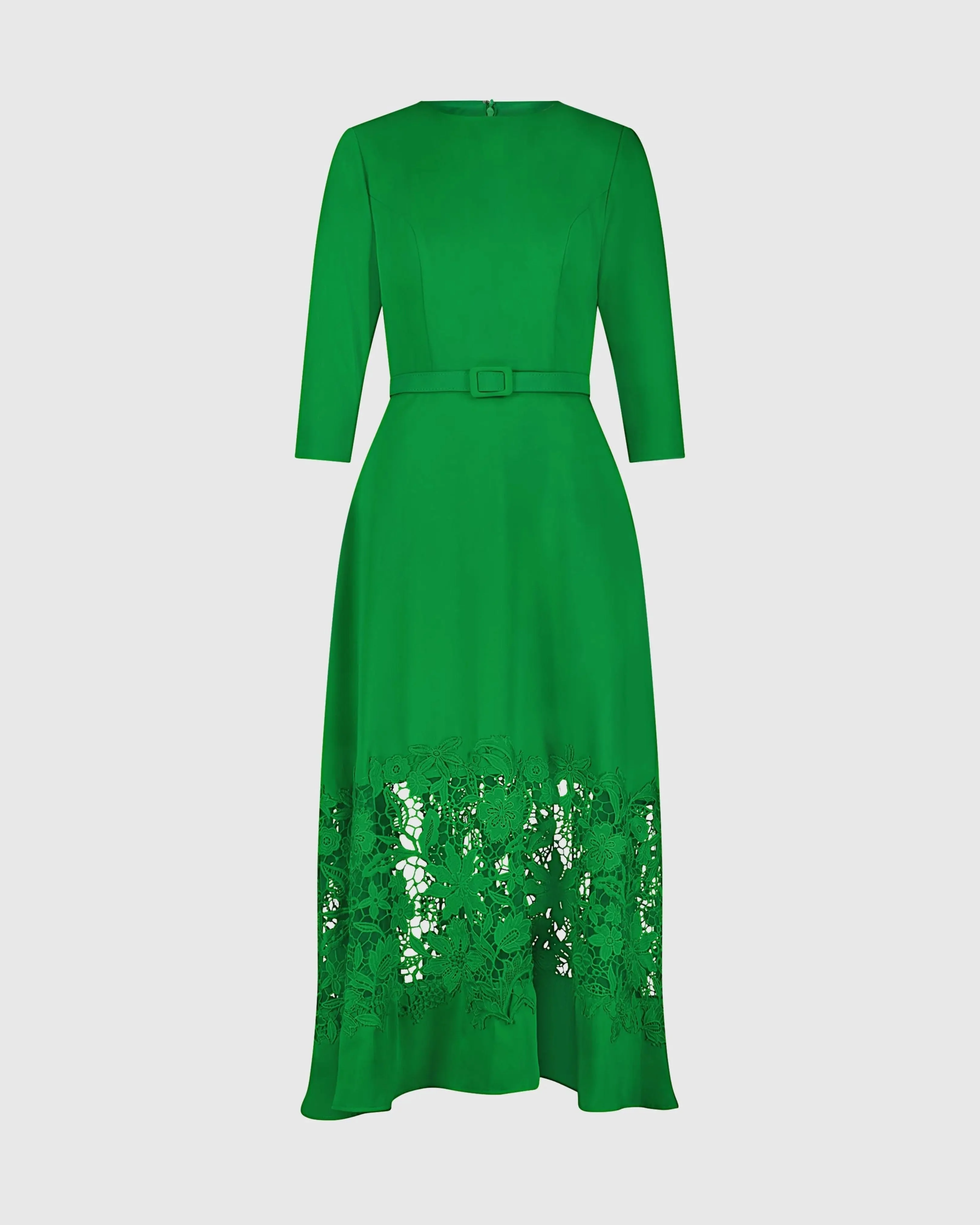Green Crepe Boat Neck Midi Dress With Applique Cut Out