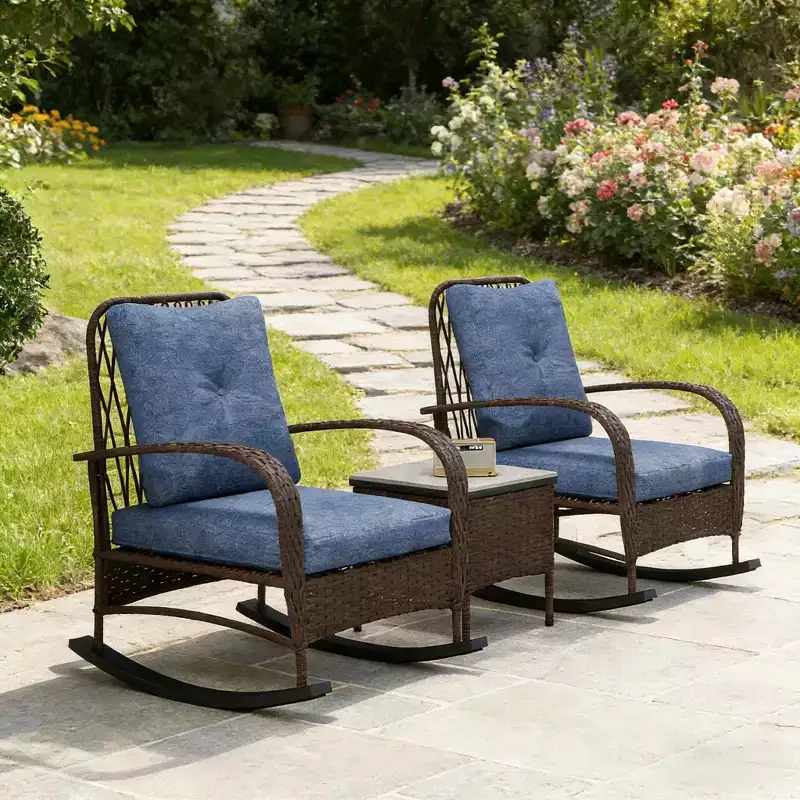 GDFStudio Belmont 3-Piece Patio Bistro Set with Rocking Chairs and Wicker Table