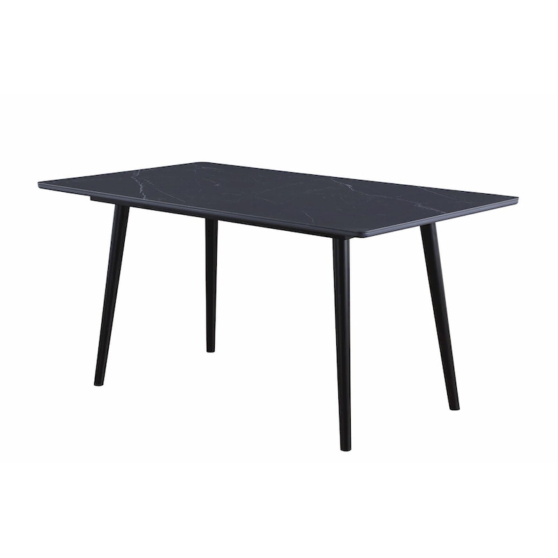 Aikya 60 Inch Dining Table, Black Sintered Stone, Tapered Metal Legs