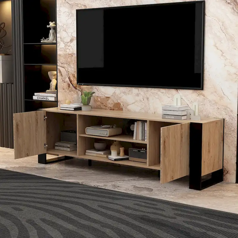 Wood Grain TV Stand with Optional Electric Fireplace: Cable Management