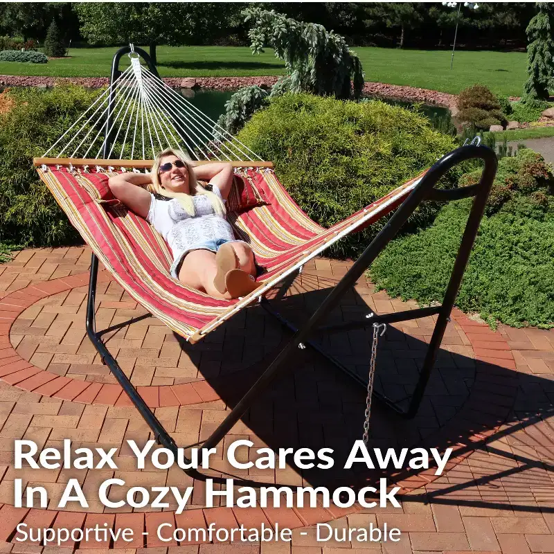 Sunnydaze Double Quilted Fabric Hammock with Universal Steel Stand - 450-Pound Capacity