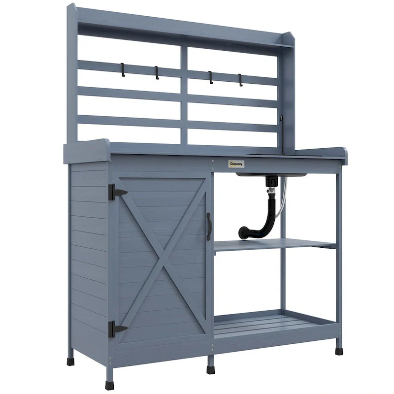 Grey Fir Wood Outdoor Potting Bench with Sink, Tap, Cabinet & Shelves