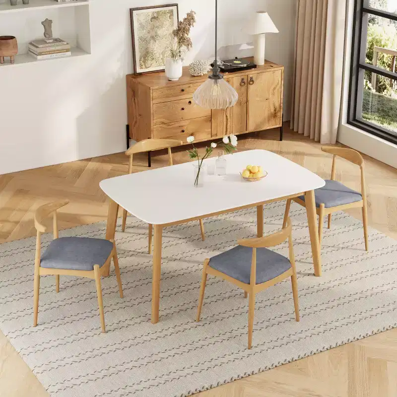Christopher Knight Home Ishar 5 Piece Mid-Century Modern Rubberwood Dining Set with Upholstered Chairs