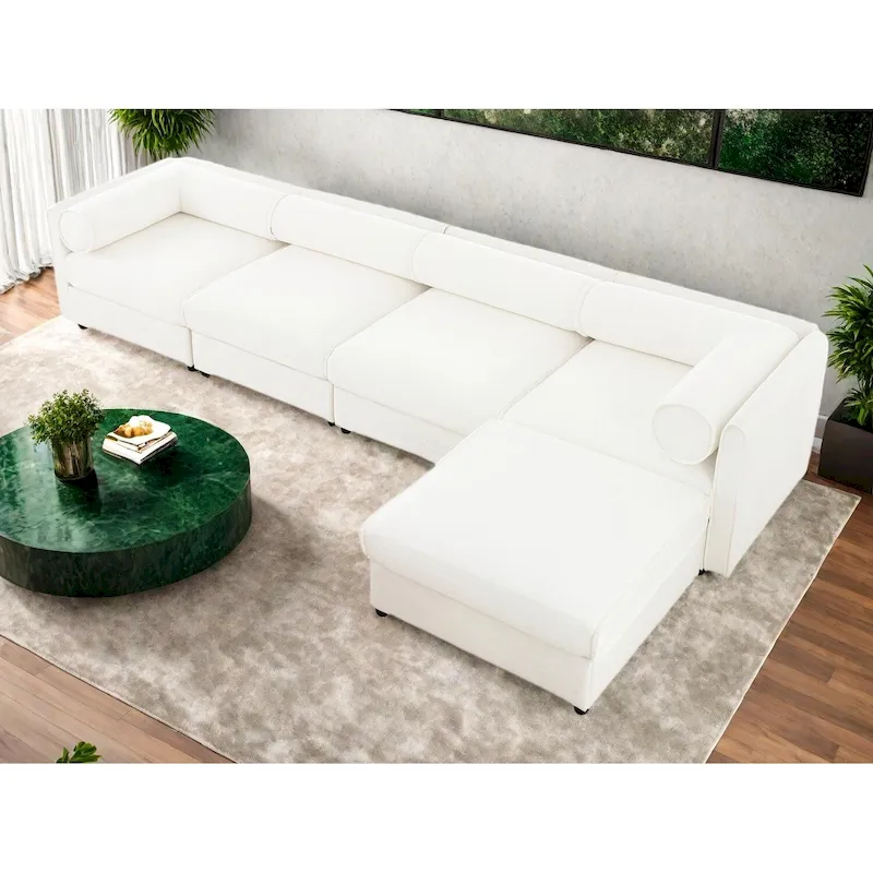 142.5 Chenille Upholstered L-Shaped Modular Sectional Sofa with Storage Seat