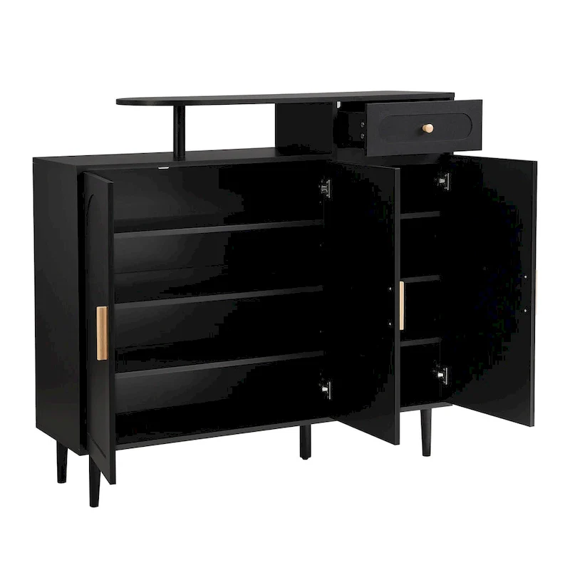 Black Particleboard Arched-Door Shoe Cabinet with Drawer & Adjustable Shelves