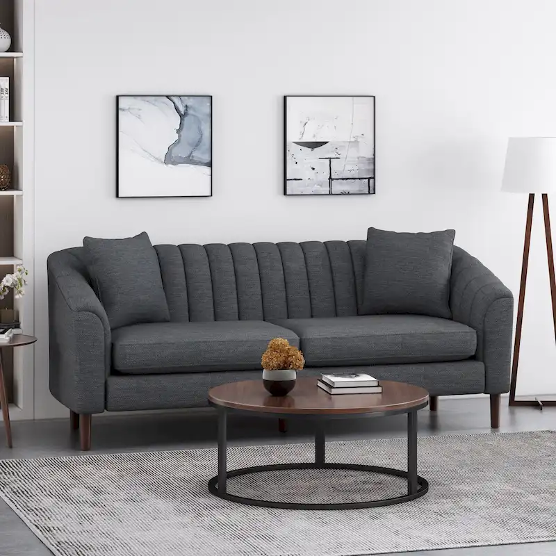 Channel-Tufted Sofa with Sloped Arms & Walnut Legs – Blush / Beige / Cloud Gray / Charcoal / Navy Blue, Mid-Century Modern, Seats 3