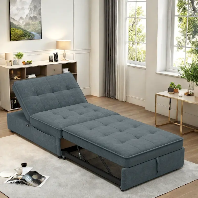 Dark Blue / White / Teal Linen 4-in-1 Convertible Sofa Bed with 5-Level Adjustable Backrest & USB Side Pocket, 3-Person