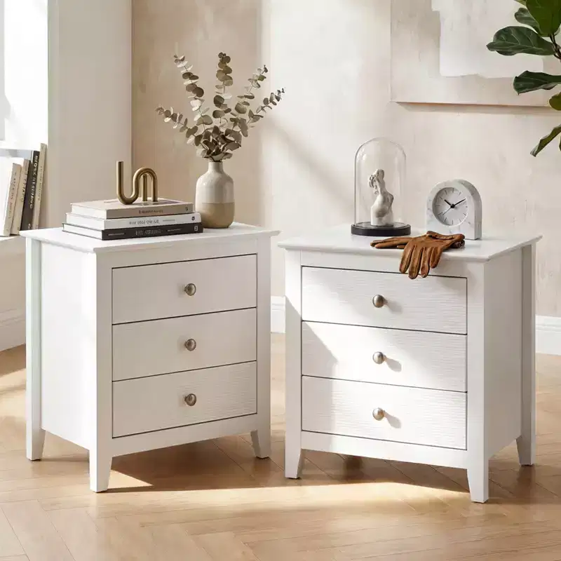 Costway 1/2 PCS Nightstand, Farmhouse 3-Drawer Night Stand with Wood Grain Accents & Sleek Knobs White/Black