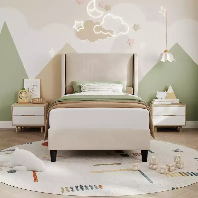 Upholstered Queen Bed Frame with Headboad, Comfy Vertical Velvet Platform Bed, Sturdy Wooden Slat Support, No Box Spring Needed, Easy to Assemble