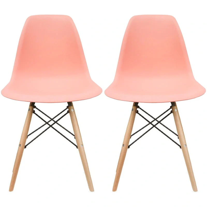 Set of 2 Mid-Century Modern Dining Chairs Armless Plastic Shell Seat with Natural Wooden Eiffel Leg Base, Red
