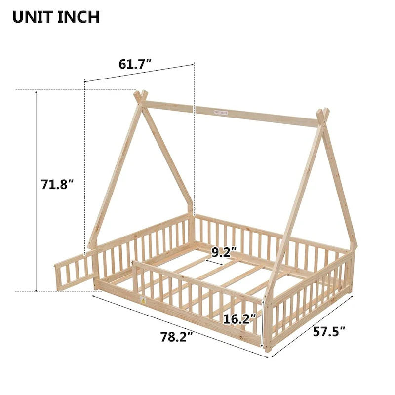 Teepee Floor Bed with Guardrails, Slats & Door – Full, 1-Person (Natural/White/Grey)
