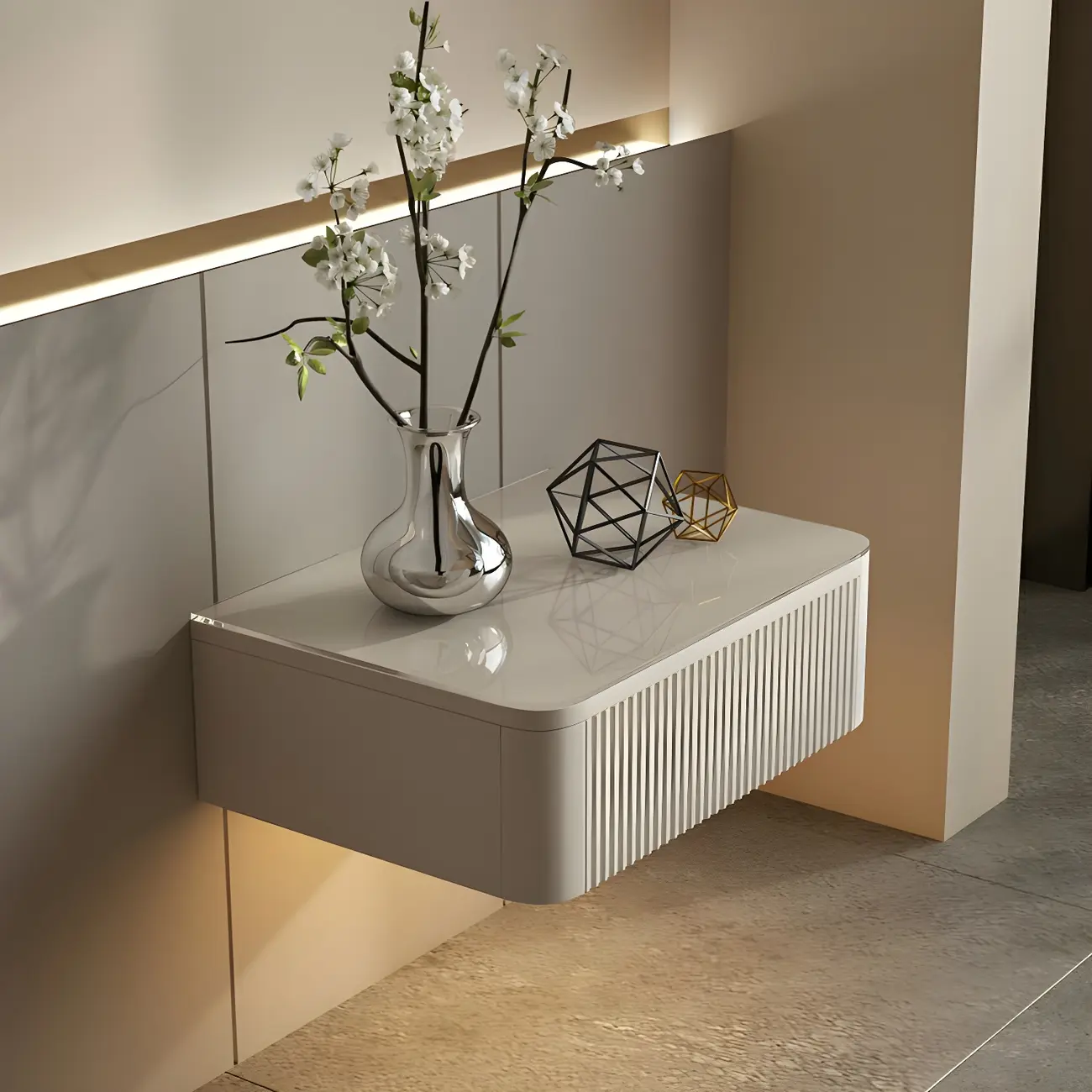 Modern Grey Wood Floating Nightstand with Glass Top