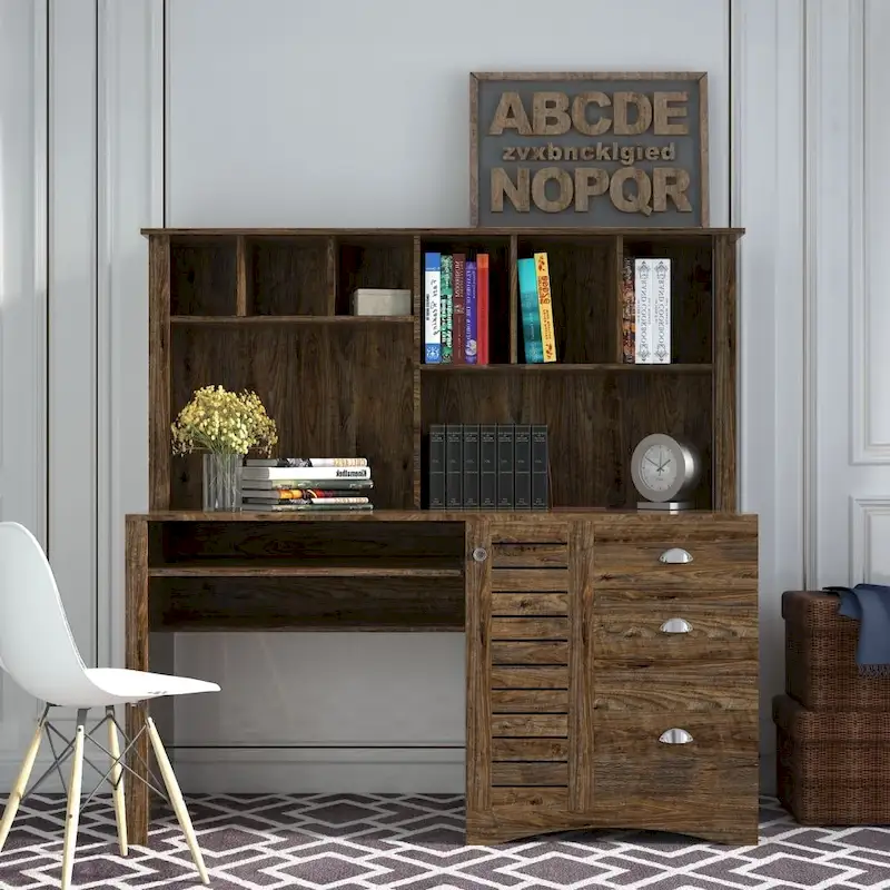 Computer Desk with Hutch & 3 Drawers | Brown / White / Oak | 1-Person