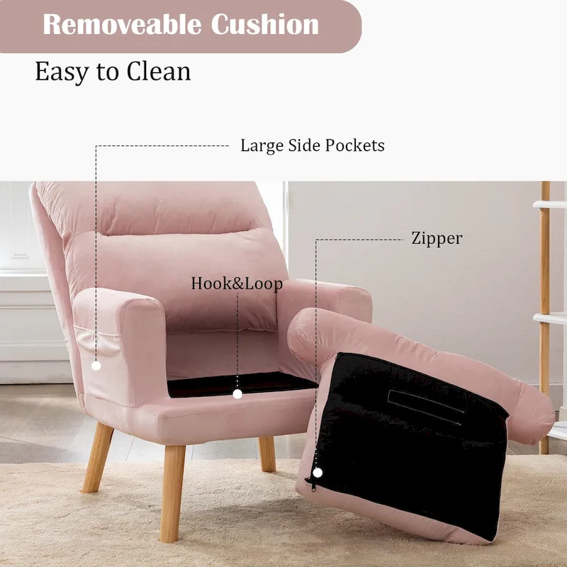 Velvet Fabric Armchair with Ottoman with Adjustable Backrest and Side Pockets