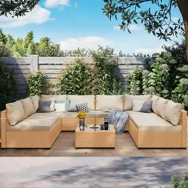Patio Watcher Patio Conversation Set 9-Piece Yellow Wicker Sectional Seating Group with Cusions