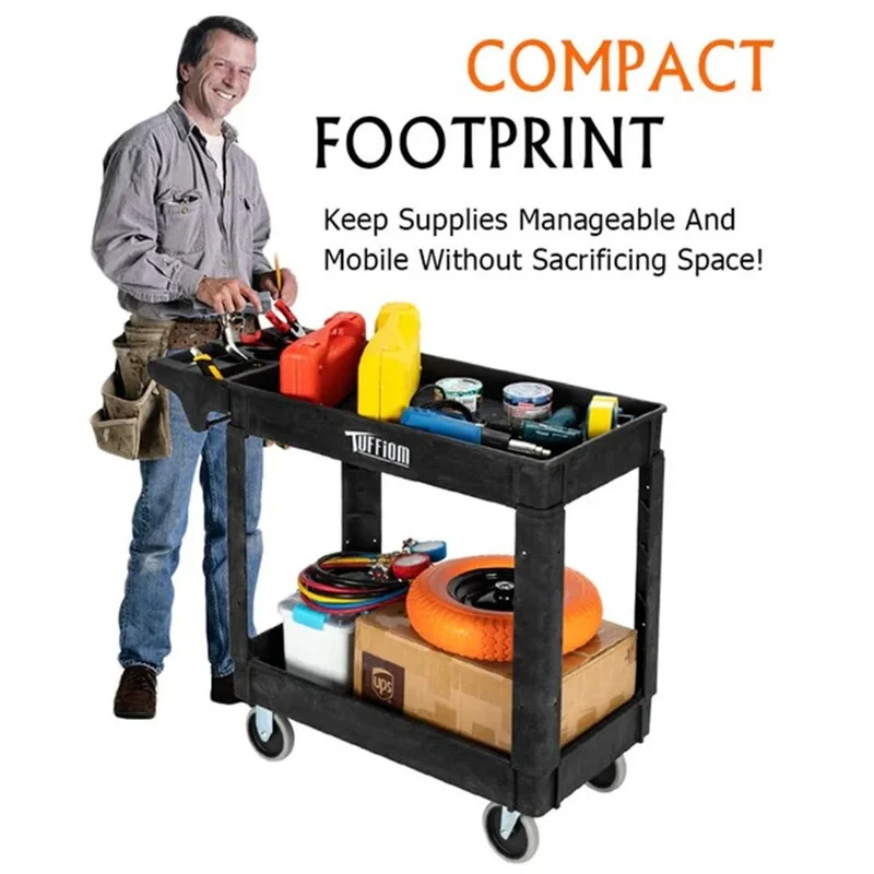 2 Tier Large 550lbs Capacity Shelf Plastic Utility Cart with Wheels Black