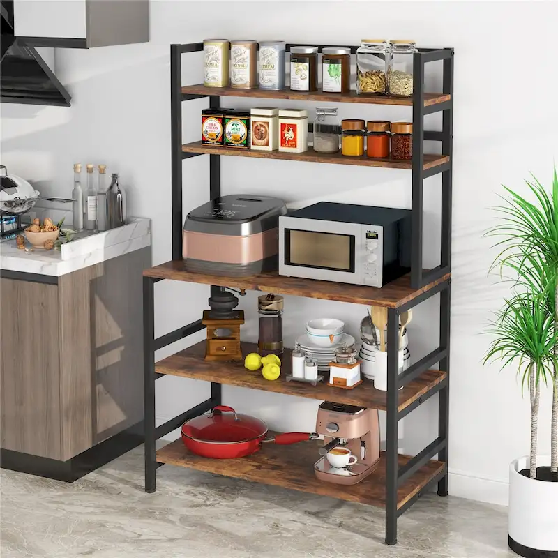 5-Tier Kitchen Bakers Rack with Hutch - Brown/Black/White