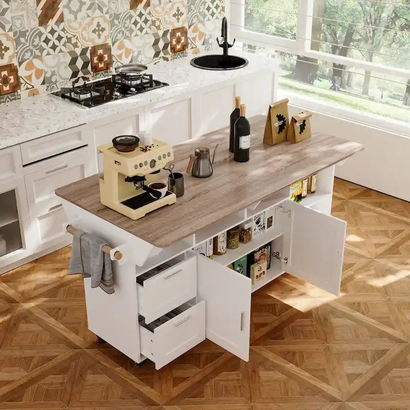 White Rolling Kitchen Island Cart with Flip-Top, 2 Drawers & 2 Cabinets, 1-Person Use