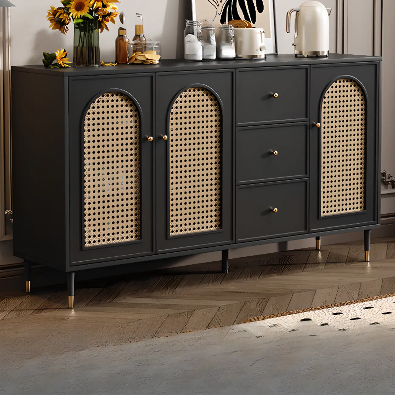 Traditional 3-Layer Rattan Wooden Black Sideboard Cabinet