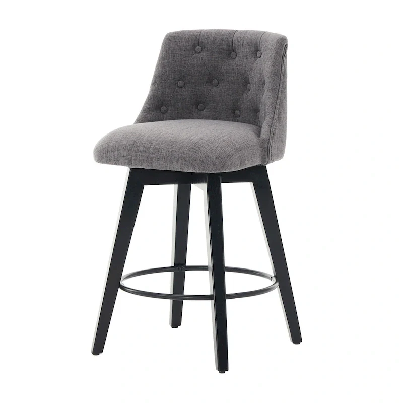 Modern Swivel Linen Upholstery Bar Stools Set of 2, with Button Tufted Back and Solid Wood Frame