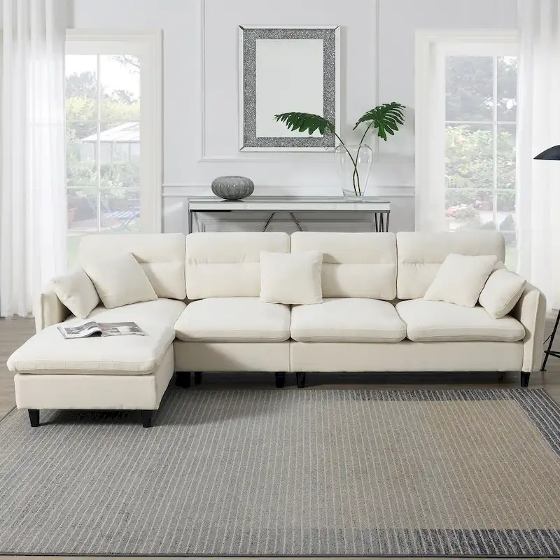 110 Modern L-Shaped Convertible 5-Seat Sectional Sofa with Removable Ottoman and 5 Cushions, Plush Chenille Fabric