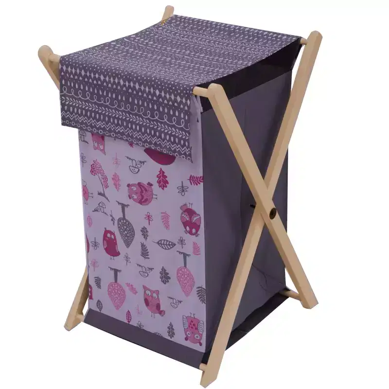 Bacati - Owls Pink/Gray Girls Laundry Hamper with Wooden Frame