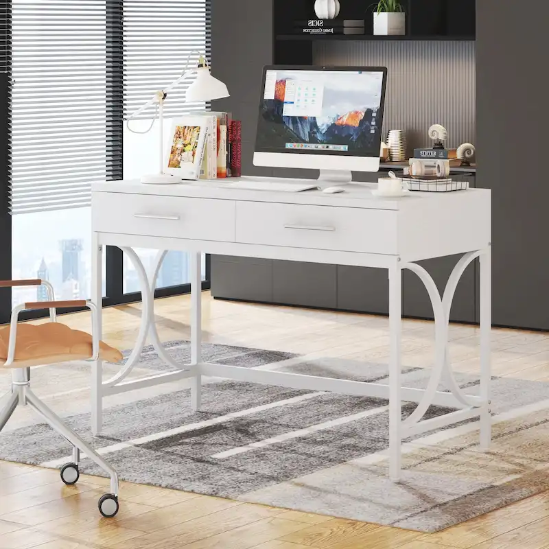 Modern Computer Writing Desk with 2 Drawers, White and Gold Home Office Desk, Makeup Vanity Table