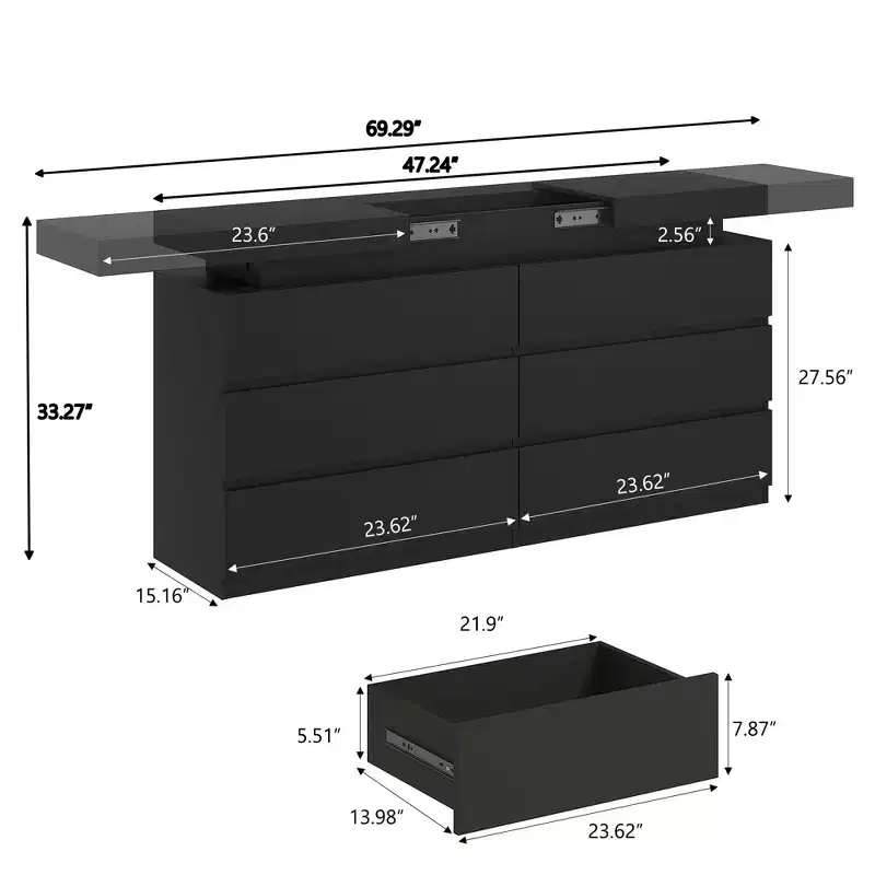 Dyonery Modern 6-Drawer Dresser with Sliding Desktop & Power Outlet-Dual Wide Chest of Drawers Storage Organizer for Bedroom Modern Wood Dressers