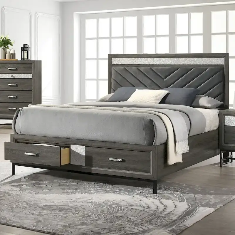 Modern Grey Storage Platform Bed with Chevron Headboard and Footboard Drawers