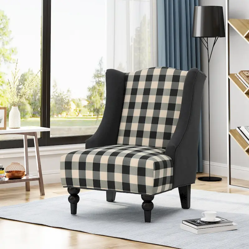 Black & White Scottie Dogs High-Back Wingback Club Chair, Single Seat, Birch Legs