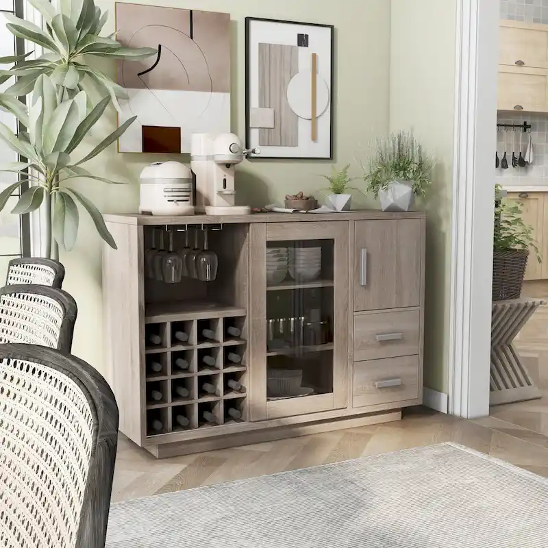 Modern Wooden Dining Buffet with Storage Shelves and Drawers — Kitchen Sideboard