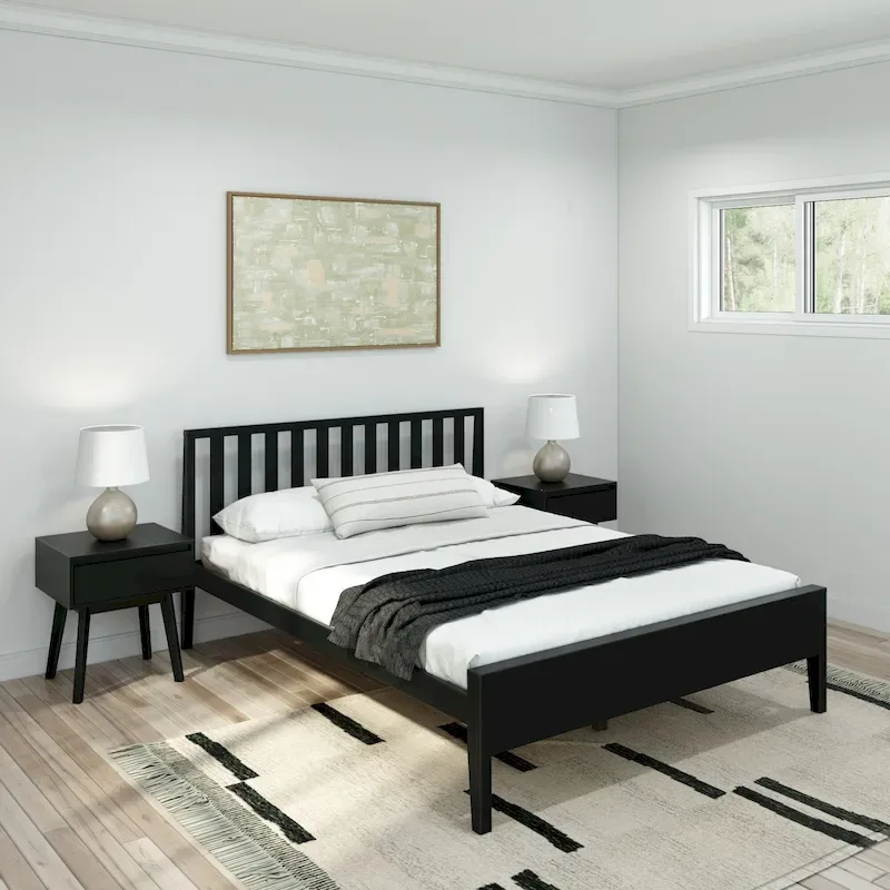 Black / Queen / 2-Person Solid Wood Bed with Slatted Headboard