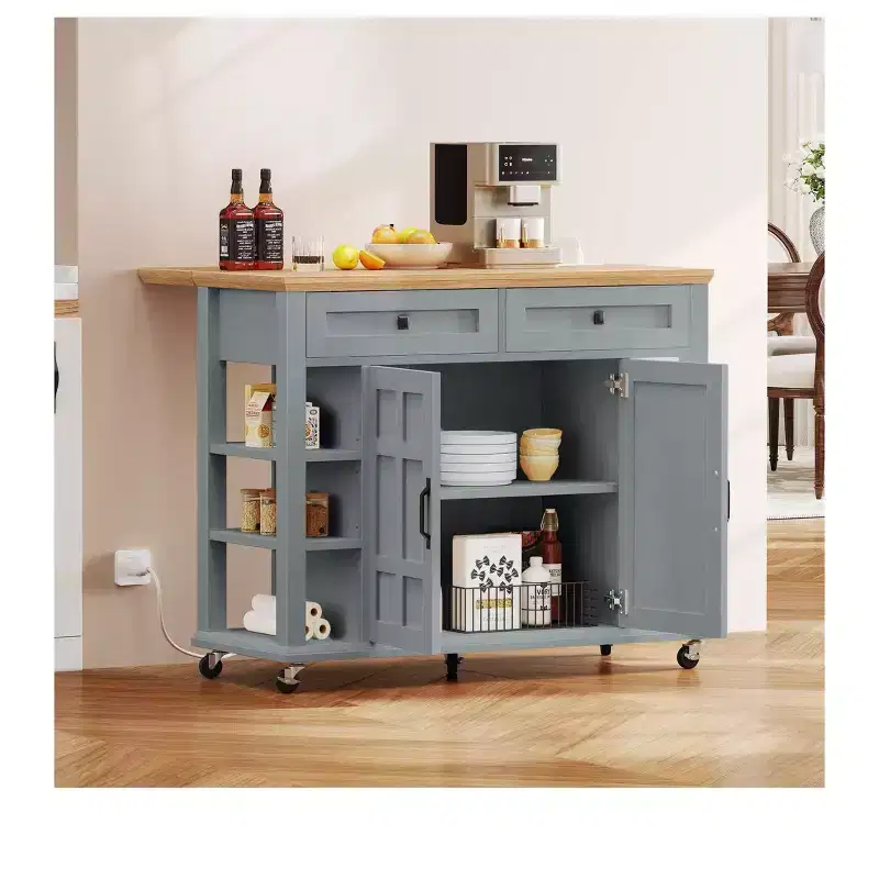 Rolling Kitchen Island Cart with Folding Drop Leaf & Power Outlets Kitchen Storage Cart with Drawers with Adjustable Shelves, Grey
