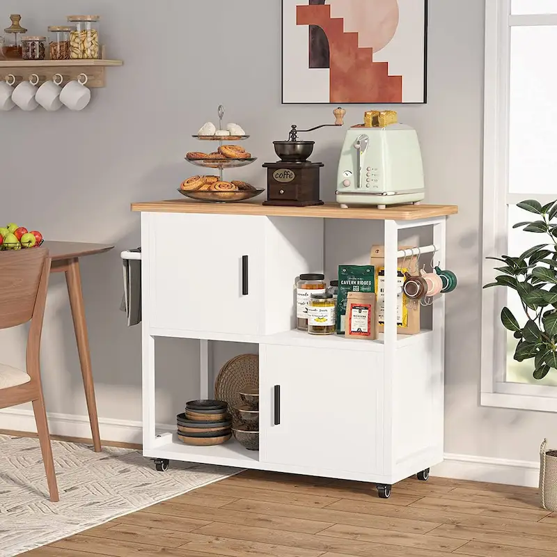 Kitchen Island with Wheels and Towel Rack, Kitchen Cart Utility Coffee Bar Cart with Shelves and Cabinet - White