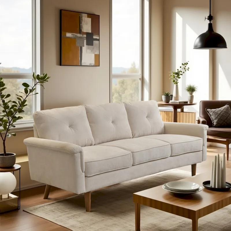 Mid-Century 3-Seat Upholstered Sofa with Wood Legs