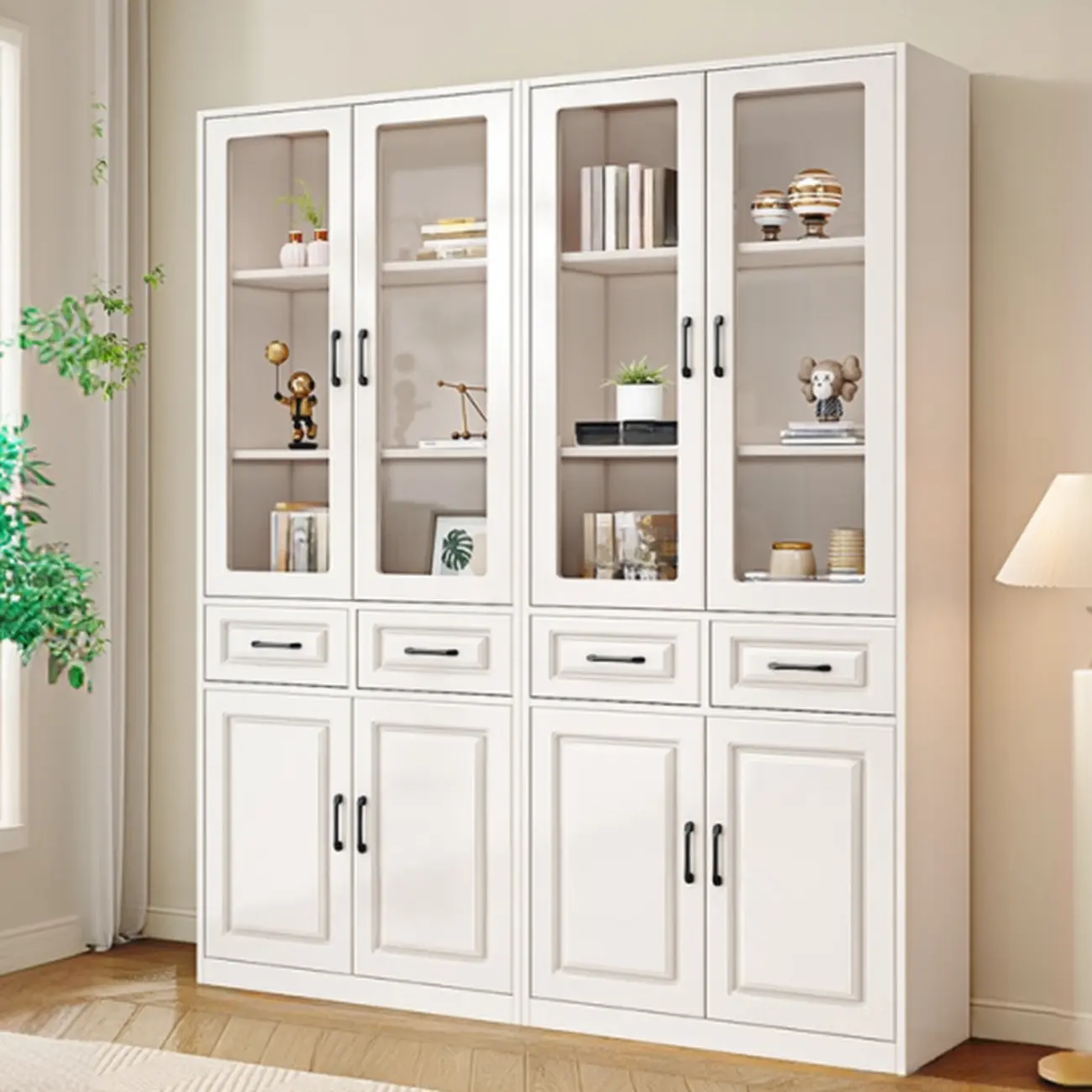 Rectangular White Wood Vertical Display Bookcase with Drawers
