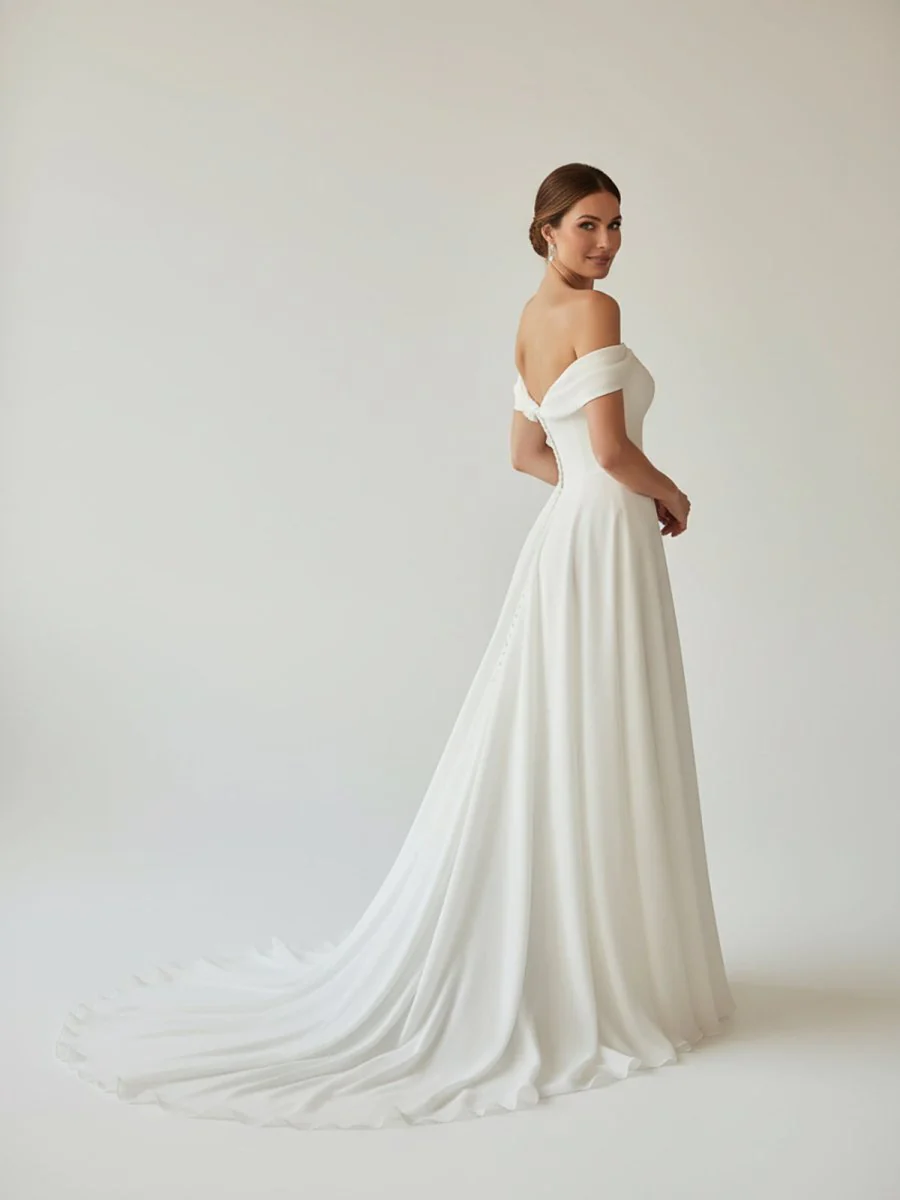A-Line Chiffon Sleeveless Off-the-Shoulder Wedding Dress with Ruching Floor Length