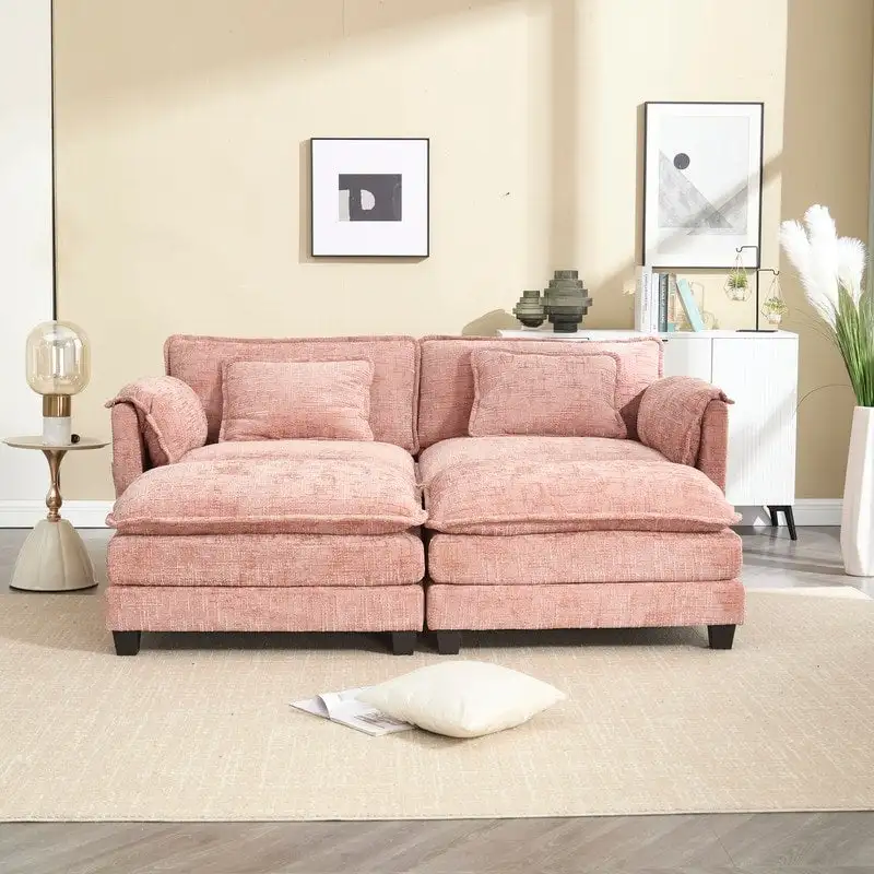 76.77 Chenille Upholstered Sofa with 2 Ottomans
