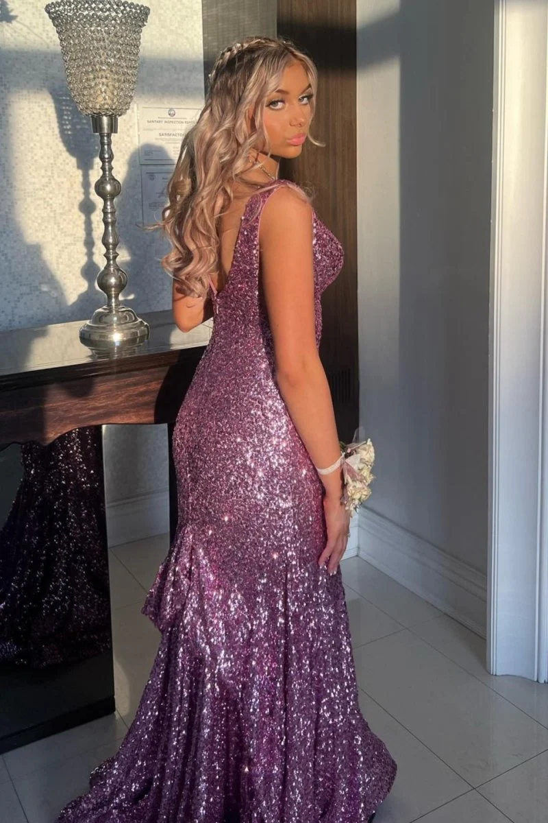 Sequins V-Neck Lilac Mermaid Evening Long Prom Dress