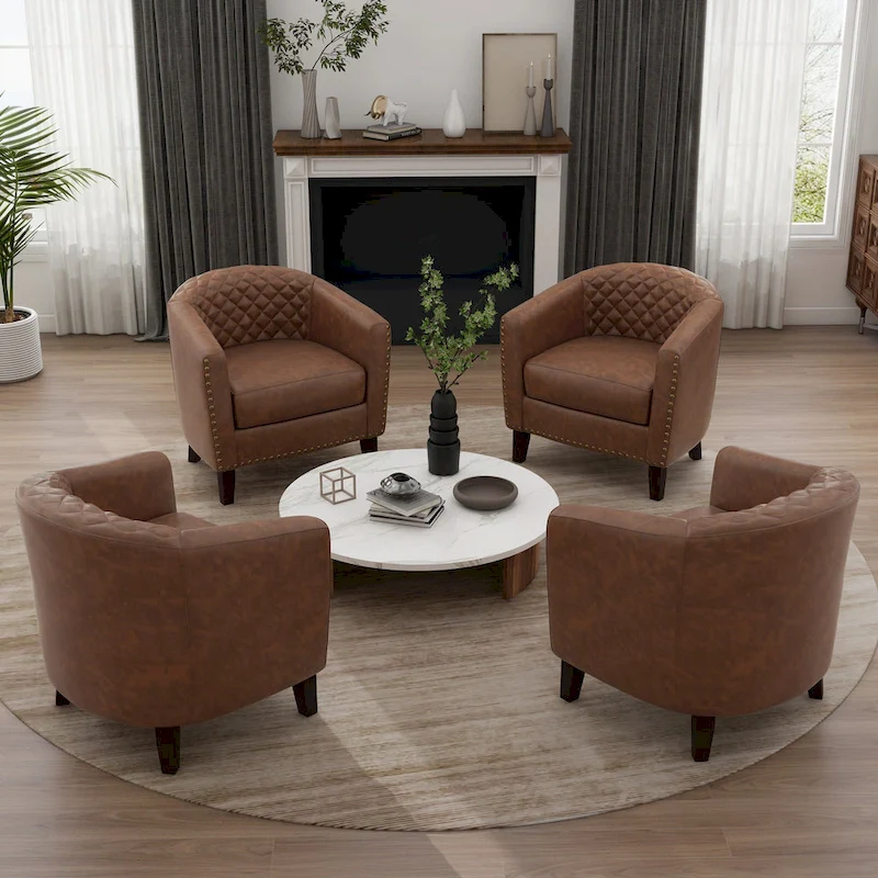Modern Faux Leather Barrel Accent Chair with Wood Legs