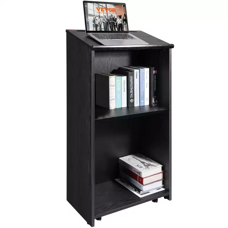 VEVOR Podium Stand, 47 in Hostess Stand with 4 Rolling Wheels, Wood Podium with Storage Shelves, and Slant Desktop, Lecterns & Podiums, Black