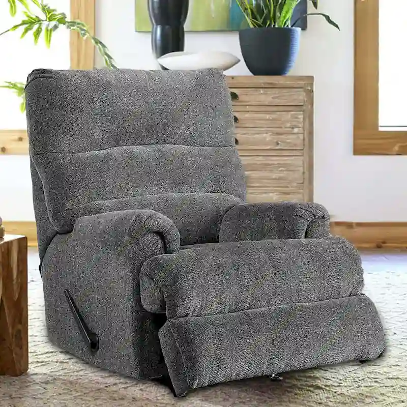 Grey Fabric Rocker Recliner with Pull Lever – Single