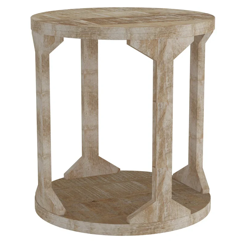 Beige Two-Tier Handmade Round Mango Wood End Table - Single Use