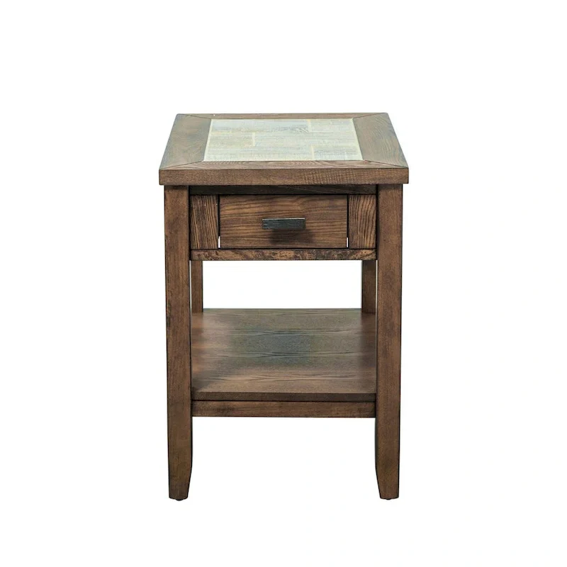 Tobacco Brown Chair Side Table with Ceramic Tile Top