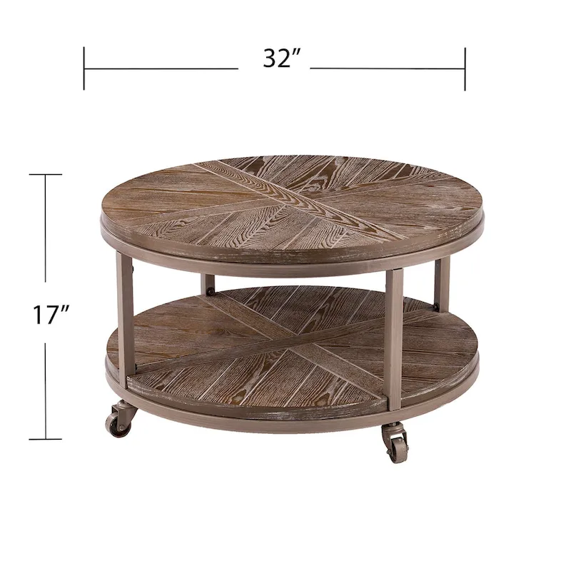 Industrial style round wooden coffee table with shelves